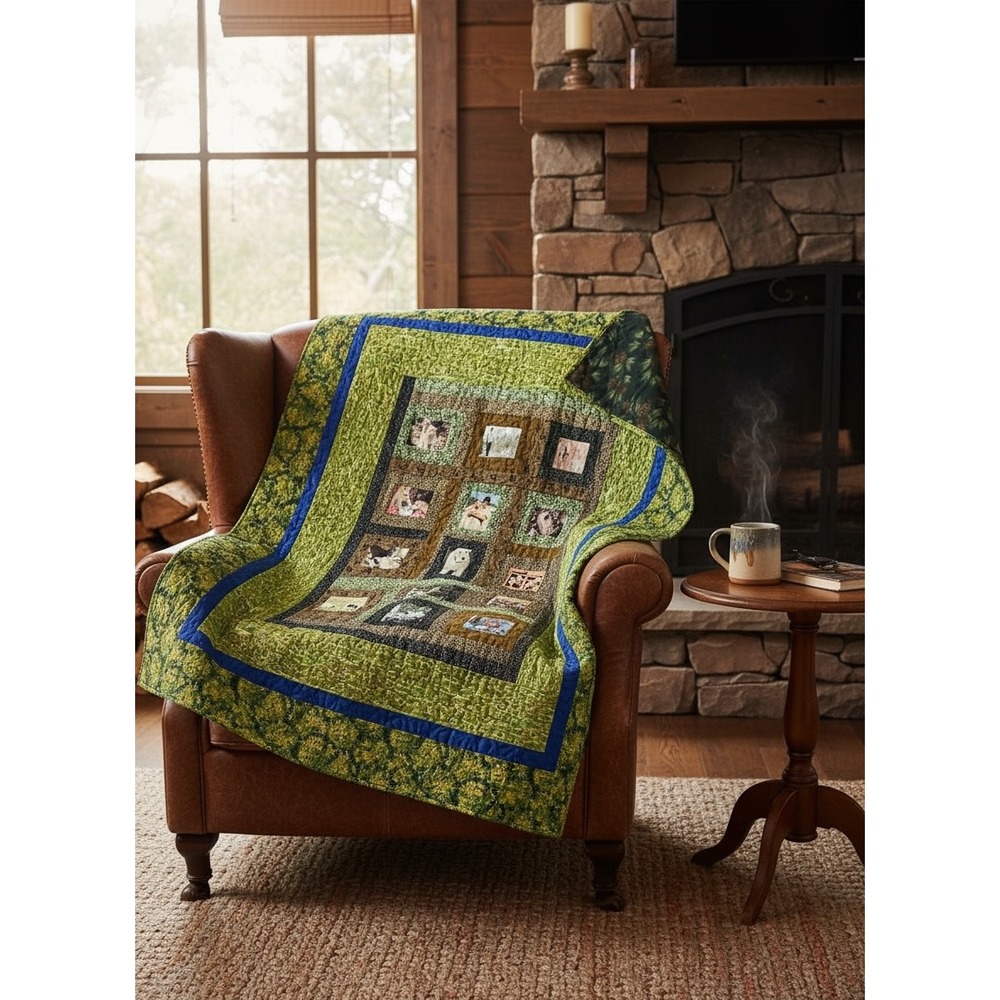 Handmade Memory Photo Quilt Throw Blanket Pet Dog Cabin Cottagecore‎ 52x60